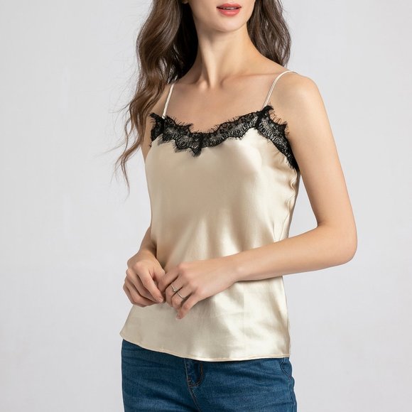 Silk Cami Beige 100% Silk Camisole Lace Tank Top - Picture 3 of 8